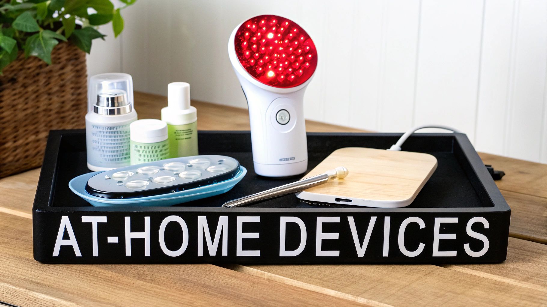 Person using a red light therapy device on their neck