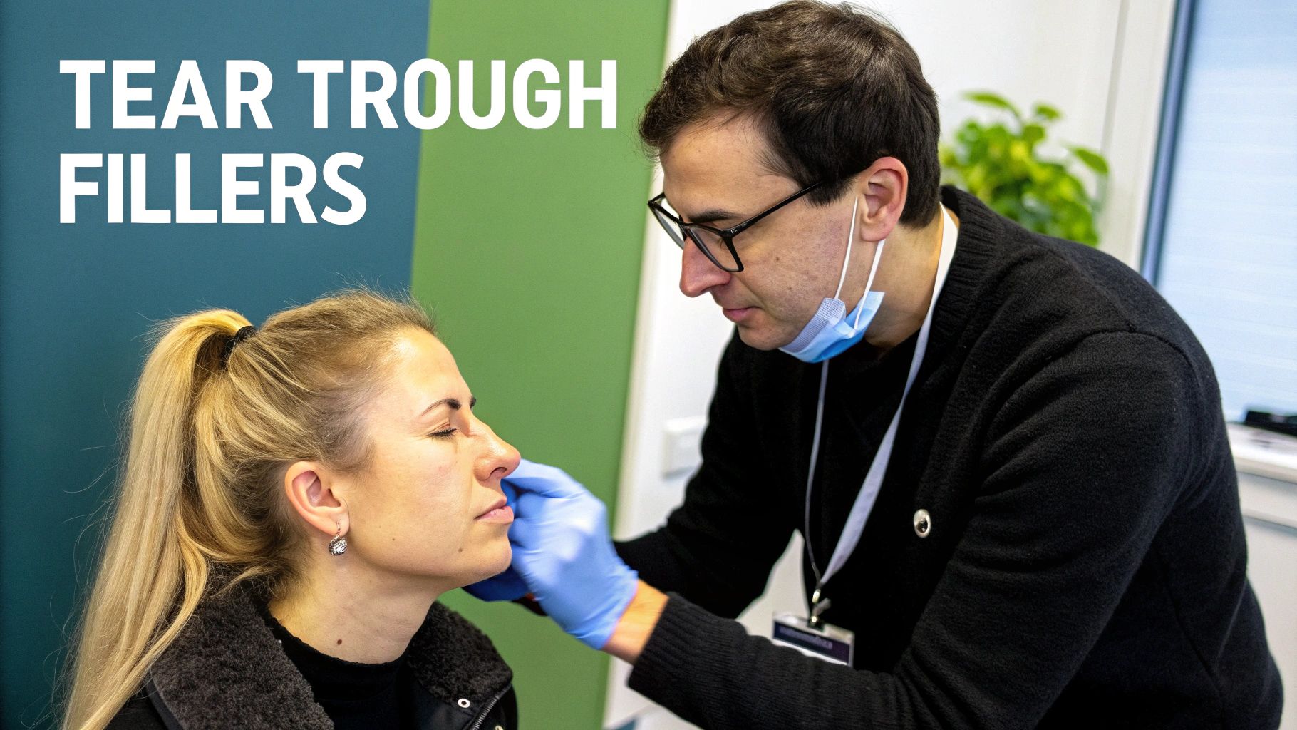 A medical professional in gloves and glasses applying tear trough fillers to a female patient's under-eye area.