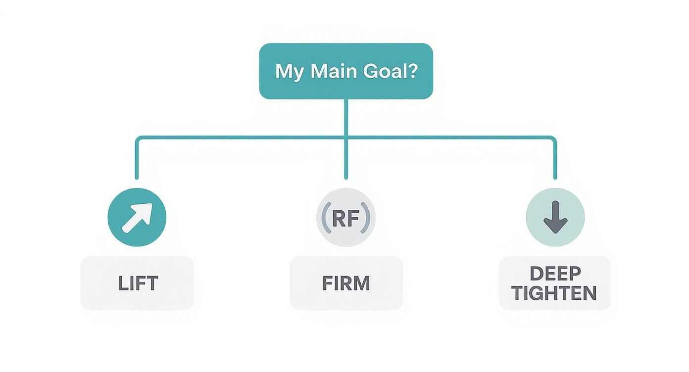 A diagram titled &#39;My Main Goal?&#39; illustrates three options: Lift, Firm, and Deep Tighten, each with an icon.