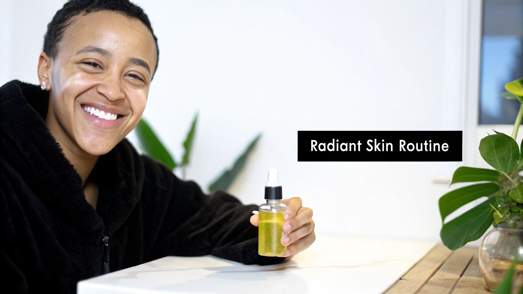 A smiling woman in a black robe holding a serum bottle, promoting a radiant skin routine.