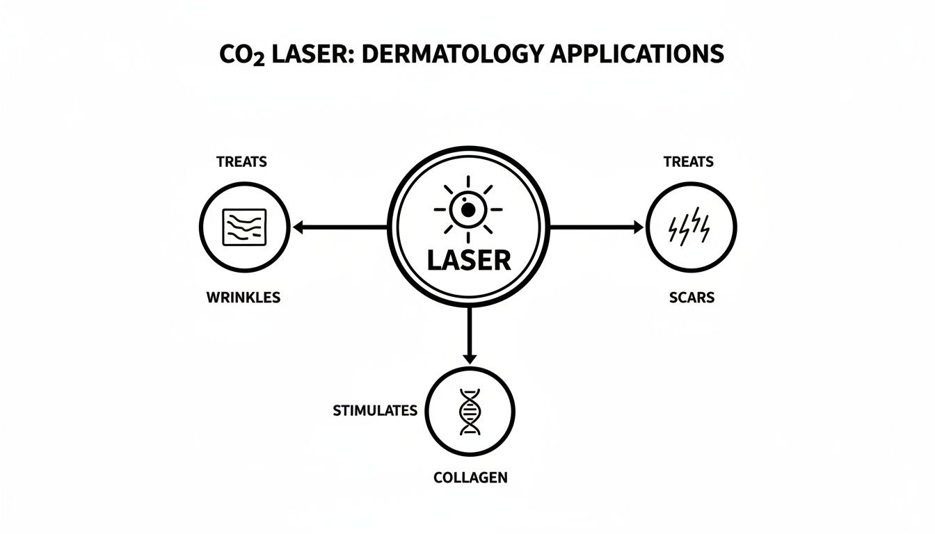 Diagram illustrating CO2 laser dermatology applications: treats wrinkles, scars, and stimulates collagen.