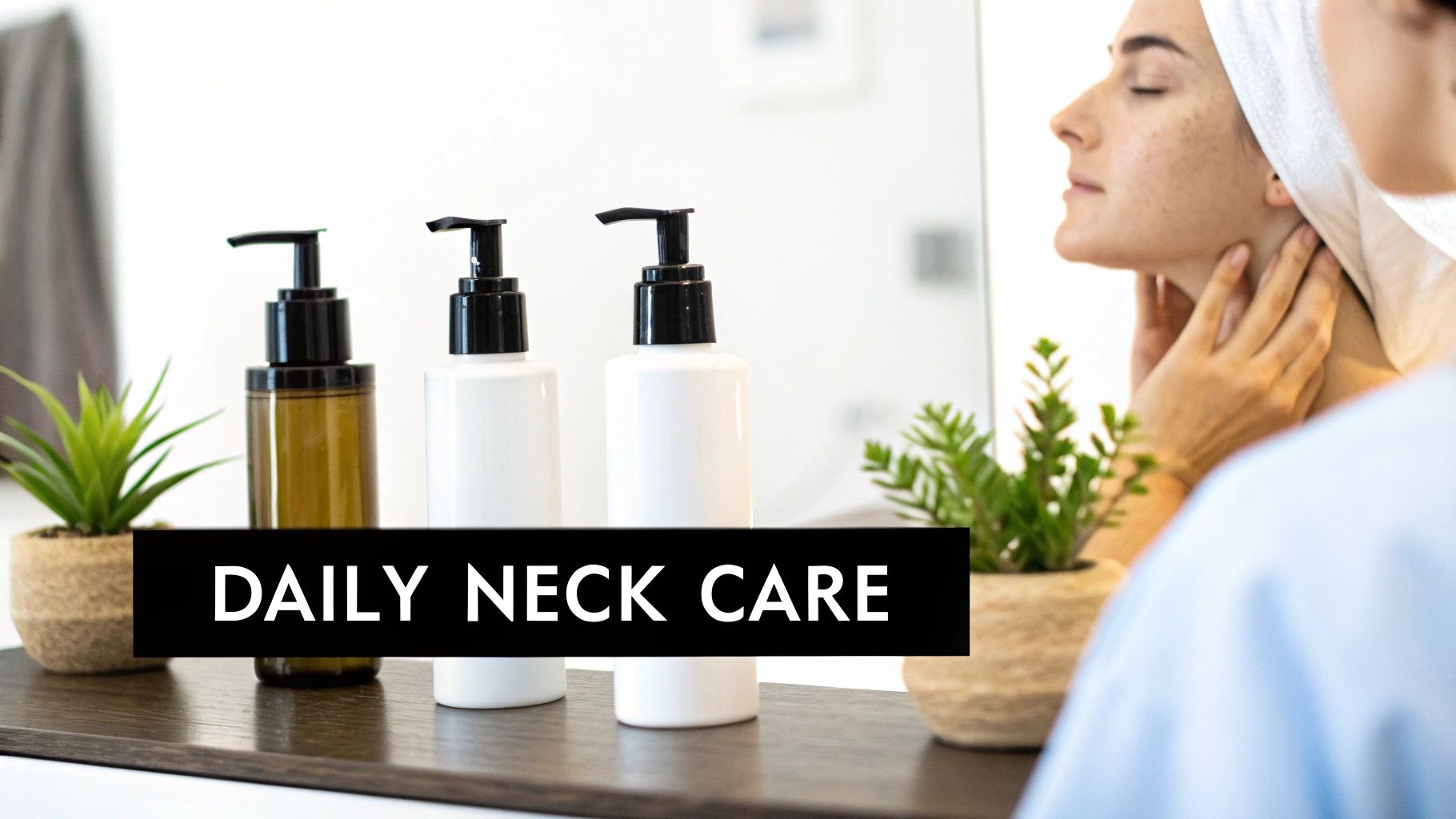 A woman with a towel on her head applying cream to her neck in a mirror reflection, with skincare bottles.