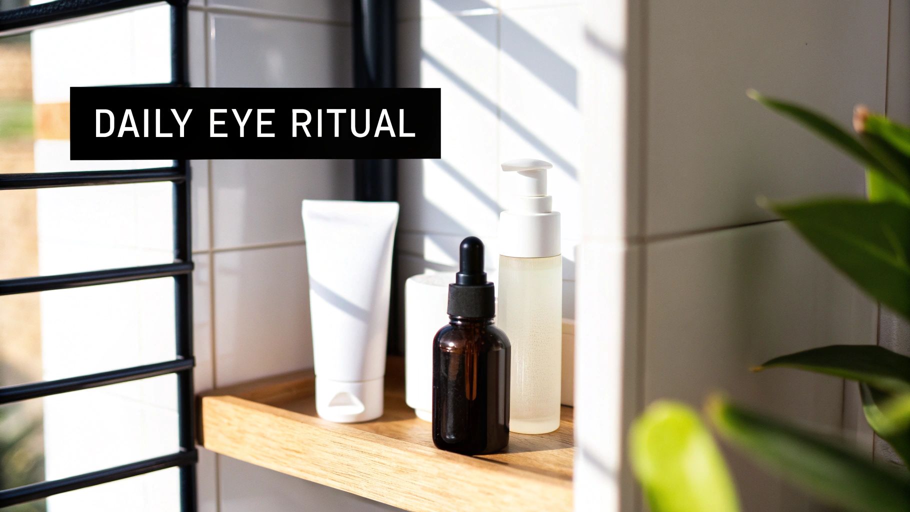 A wooden shelf displays skincare products including a dropper and pump bottle in a sunlit bathroom.