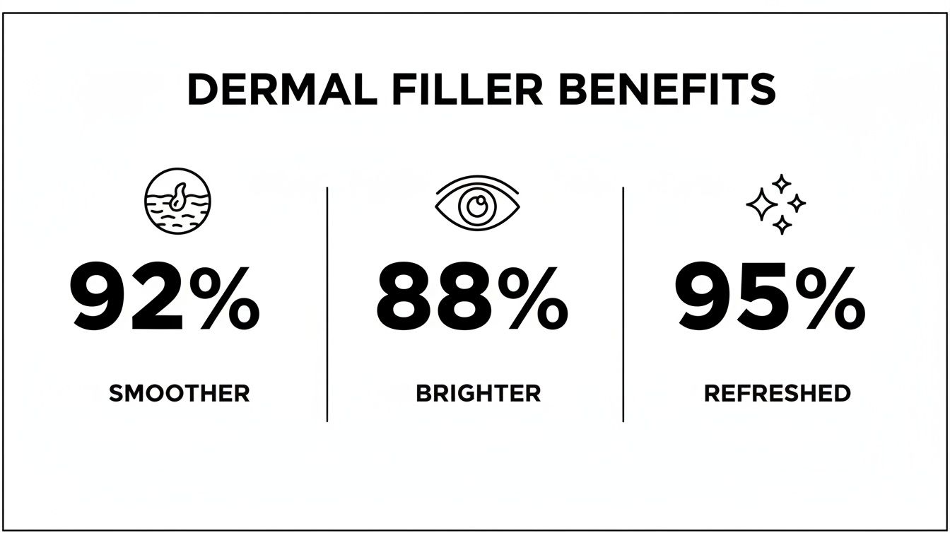 Infographic showing dermal filler benefits: 92% smoother, 88% brighter, and 95% refreshed skin.