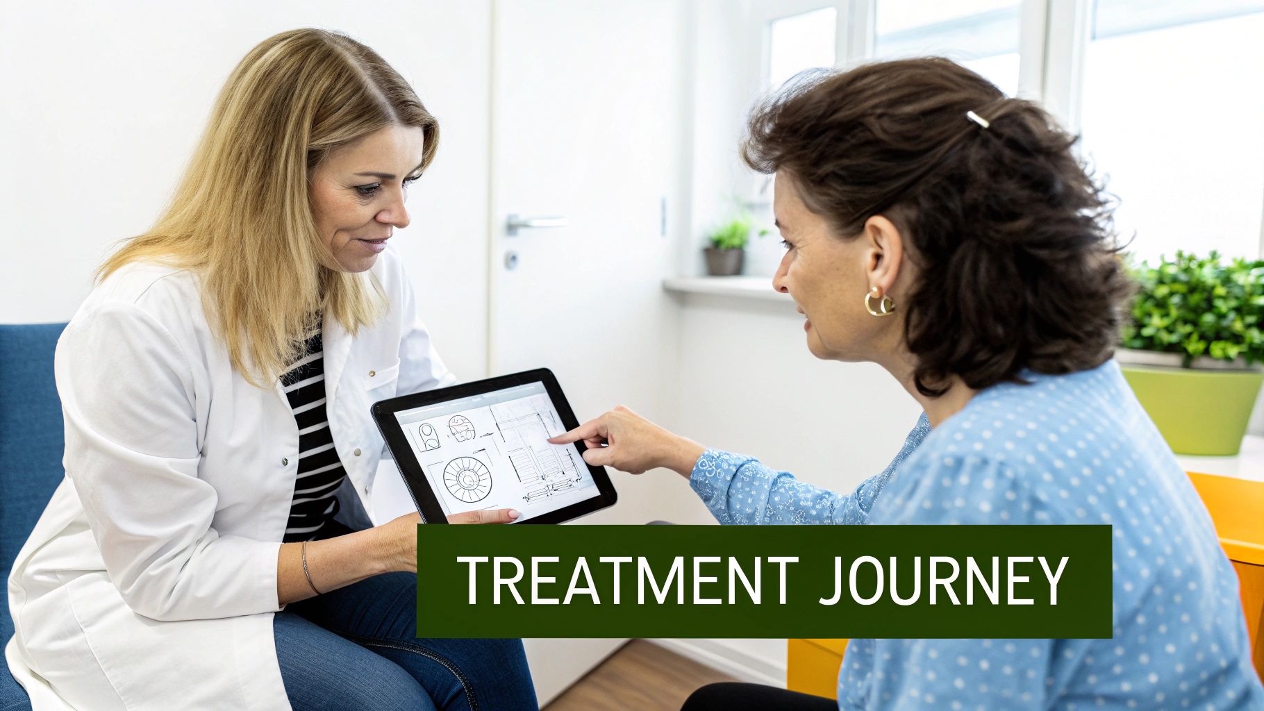 A medical professional in a lab coat and a patient discuss treatment options on a digital tablet.