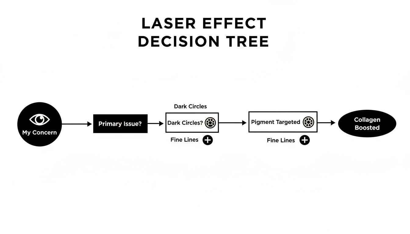 Flowchart illustrating a laser treatment decision tree, addressing 'My Concern', 'Primary Issue', 'Dark Circles', 'Fine Lines', and 'Collagen Boosted'.