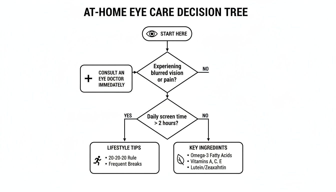 An eye care decision tree flowchart offering advice based on blurred vision, pain, and daily screen time.