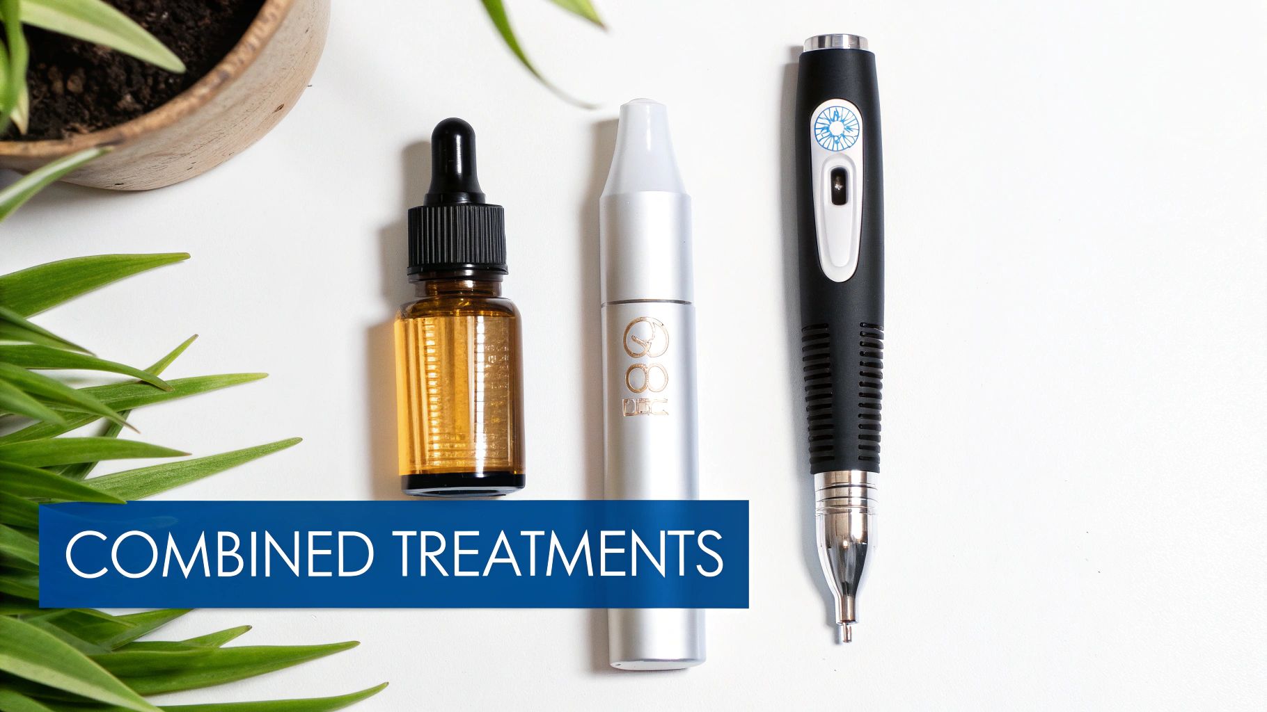 Various wellness products, including a dropper bottle and vape pen, with 'COMBINED TREATMENTS' text.