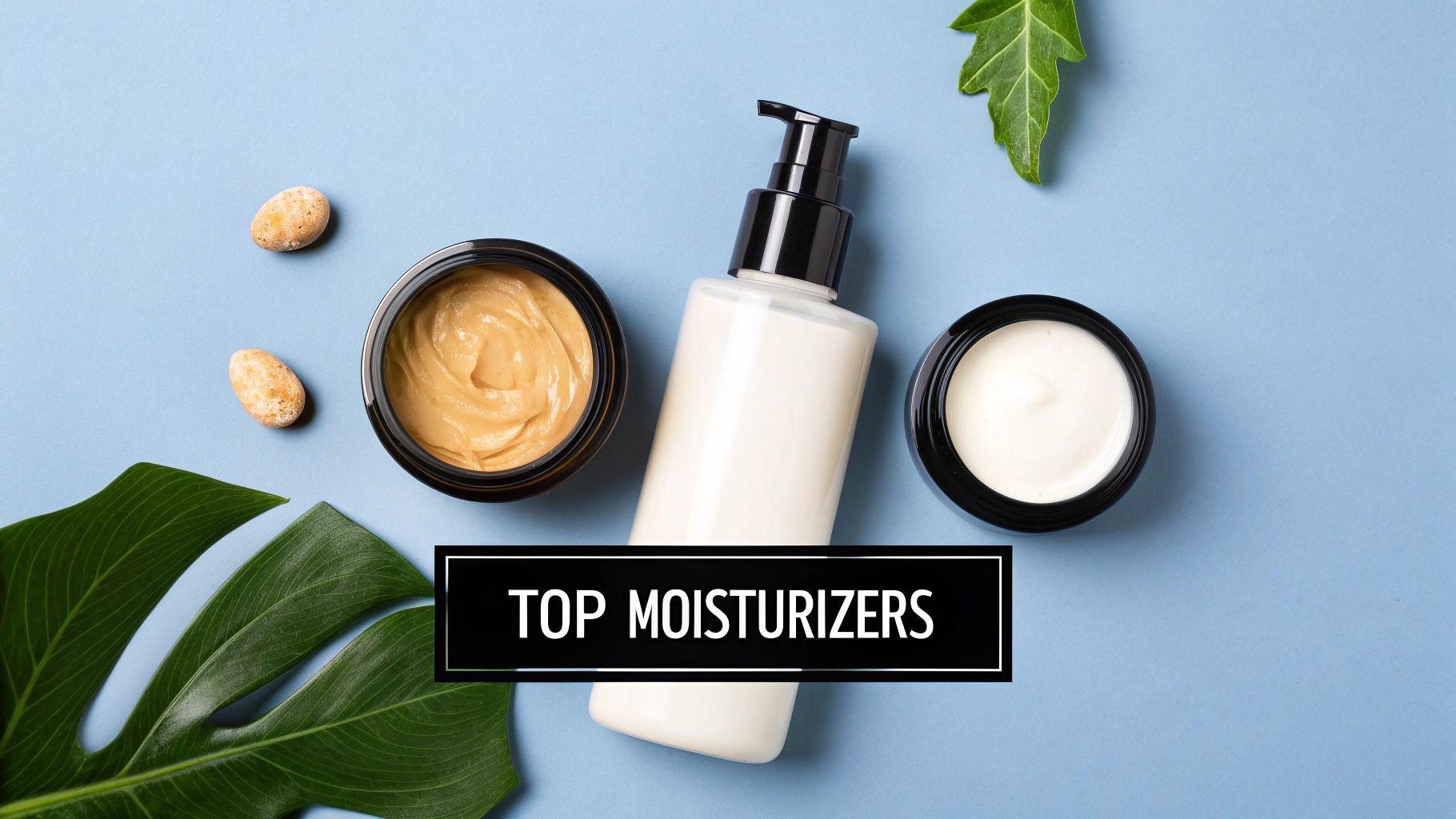 A selection of beautifully arranged moisturizer jars and tubes on a clean, modern surface.