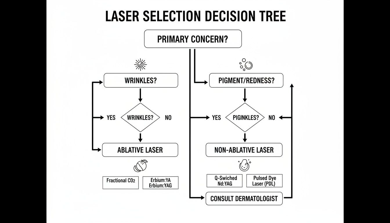 Decision tree for laser selection based on primary skin concerns like wrinkles, pigment, or redness.