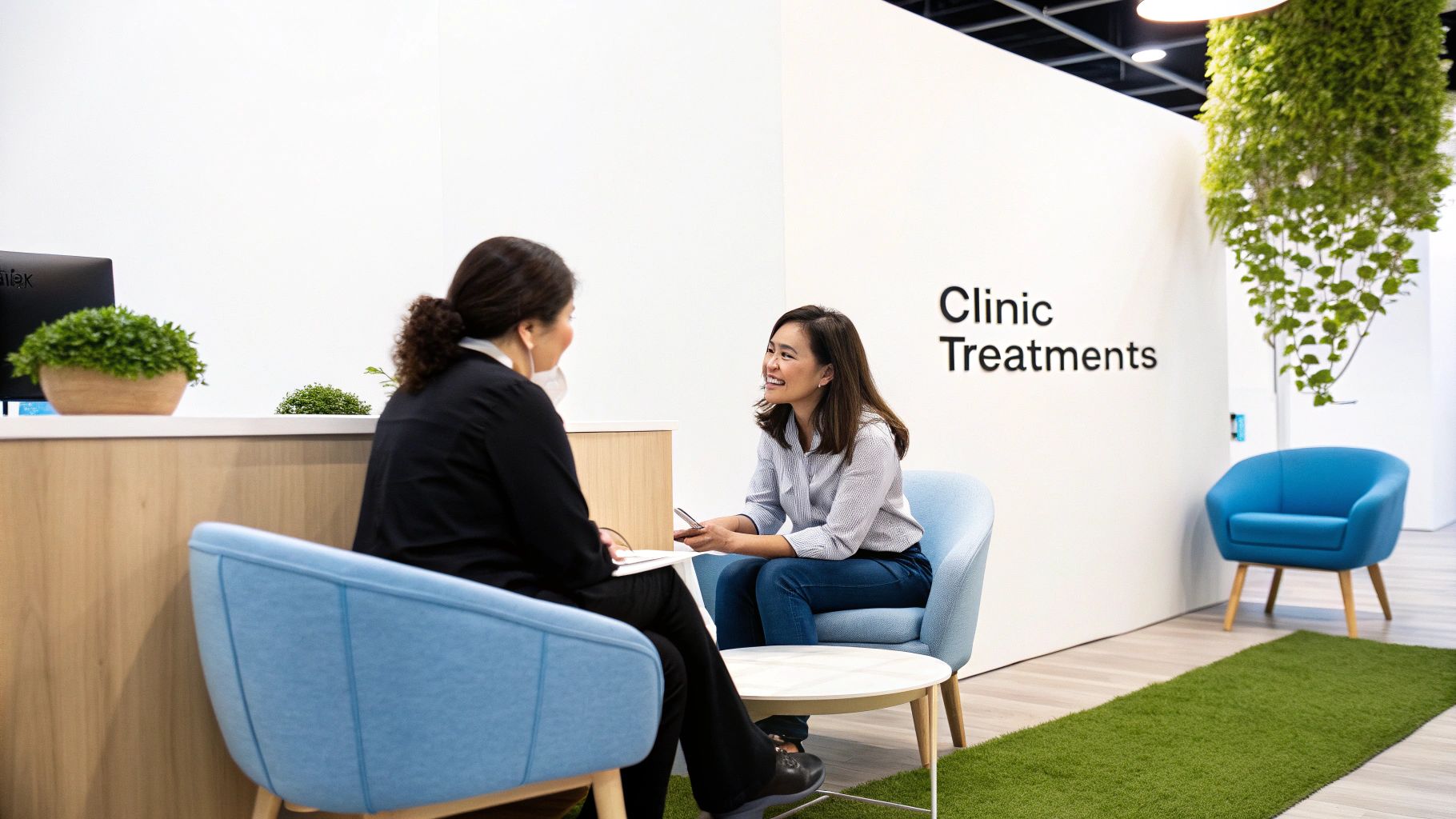 Two women consult in a modern clinic reception area with plants and bright decor.