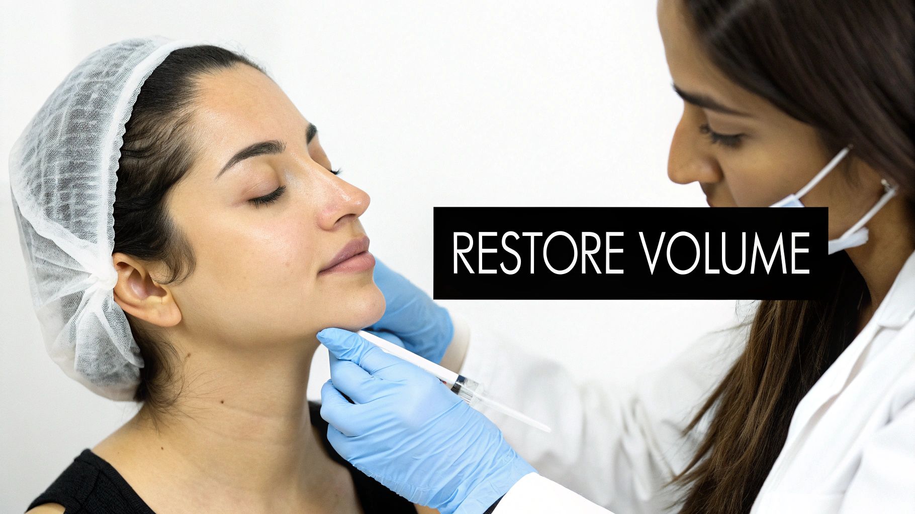 A medical professional in gloves injecting a patient's chin to restore facial volume.