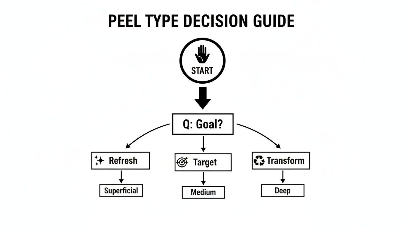 Flowchart decision guide for peel types based on goals: Refresh (Superficial), Target (Medium), Transform (Deep).