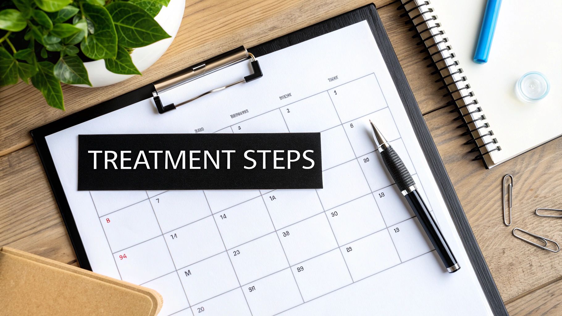 A calendar with 'TREATMENT STEPS' card, pen, and notebook on a wooden desk, symbolizing health planning.
