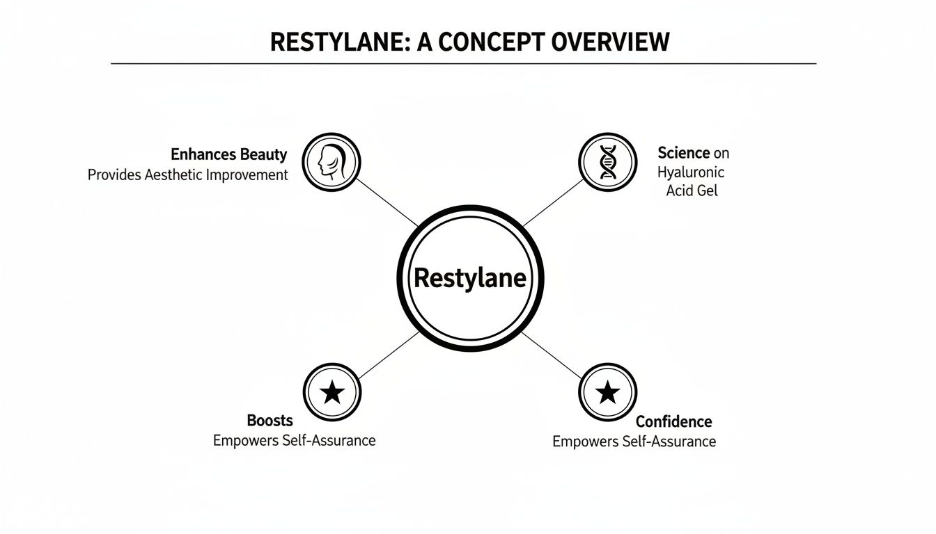 A concept map showing Restylane in the center, linked to enhancing beauty, science, boosting, and confidence.