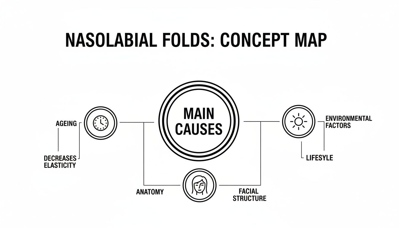 A concept map illustrating the main causes of nasolabial folds, including ageing, anatomy, facial structure, and environmental factors.