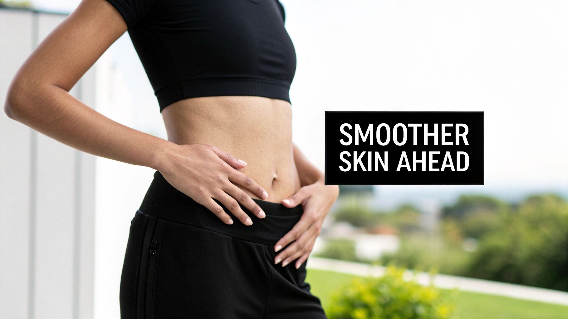 A woman's toned midsection in black activewear with hands on hips and text 'SMOOTHER SKIN AHEAD'.