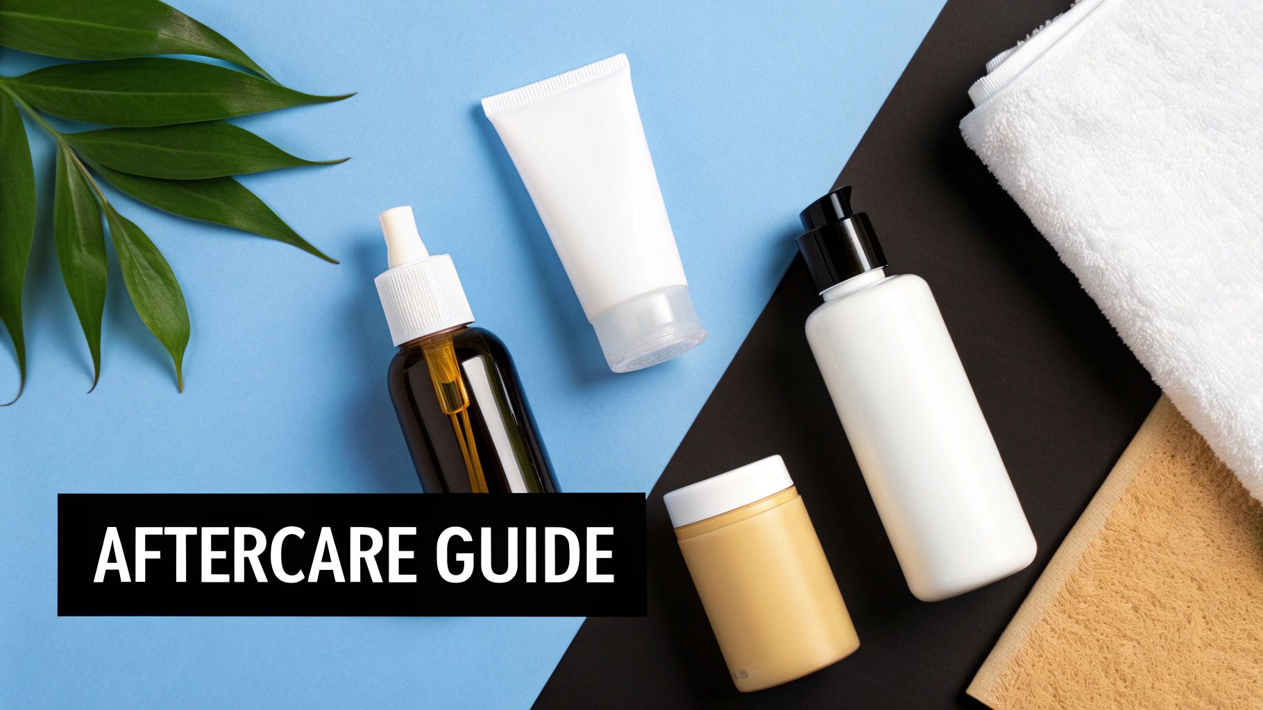 A flat lay of skincare products including bottles, tubes, and jars, with a green leaf and towels, labeled 'AFTERCARE GUIDE'.