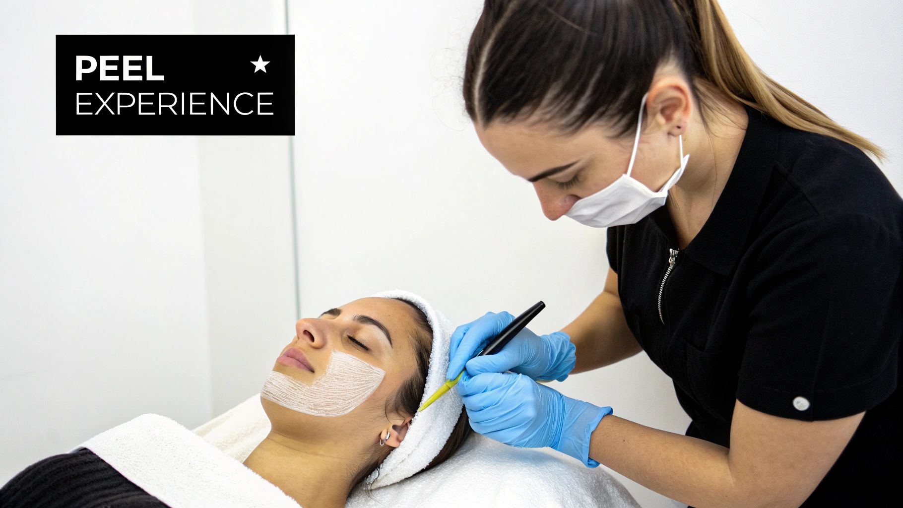 Licensed esthetician applying chemical peel treatment to client&#39;s face at professional spa clinic