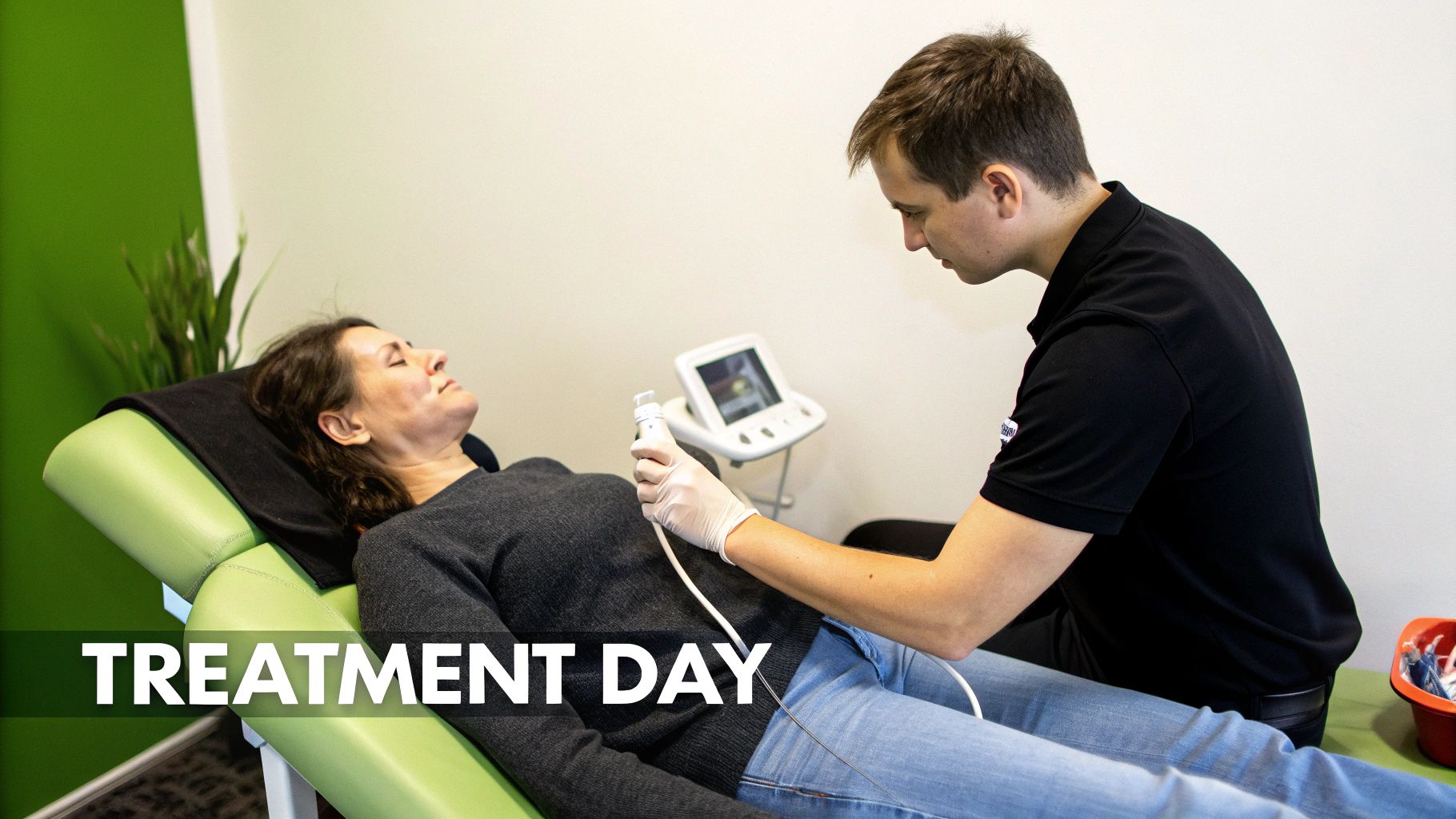 A practitioner performing an Ultherapy treatment on a patient&#39;s face