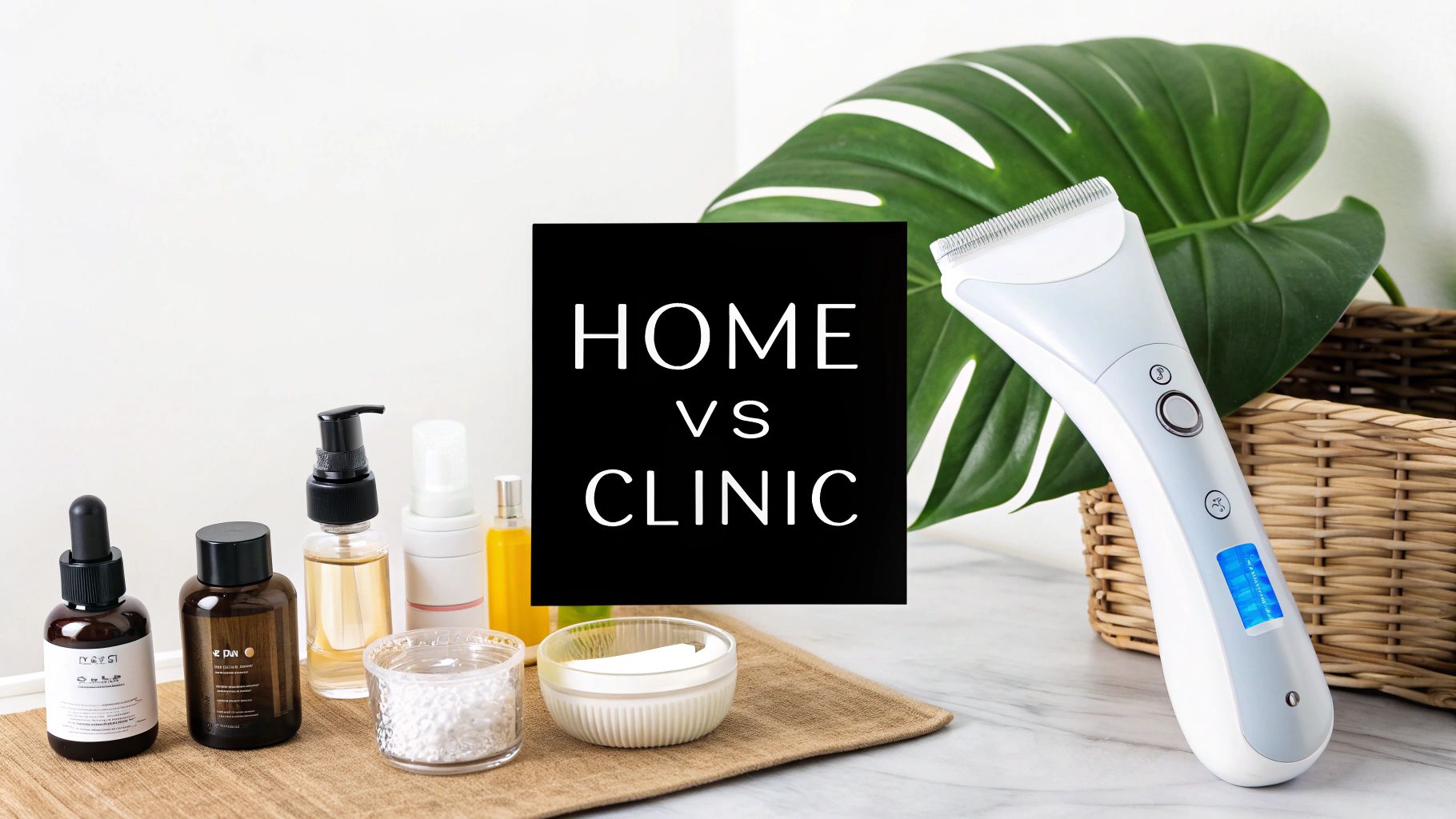 Skincare bottles, jars, and a handheld beauty device with 'HOME VS CLINIC' text.