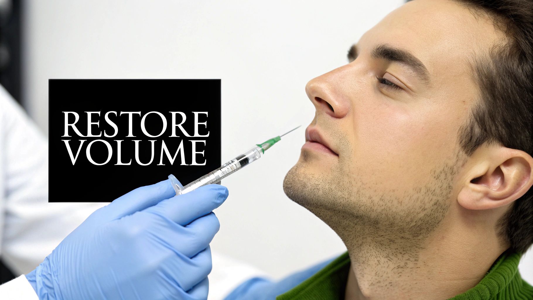 A man receives a cosmetic injection to his lip area to restore volume, with 'RESTORE VOLUME' text.