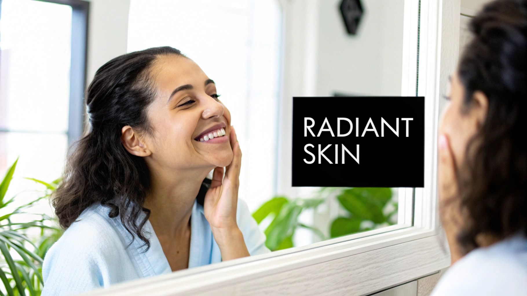 A woman smiles happily, touching her face while looking in a mirror that displays "RADIANT SKIN" text.