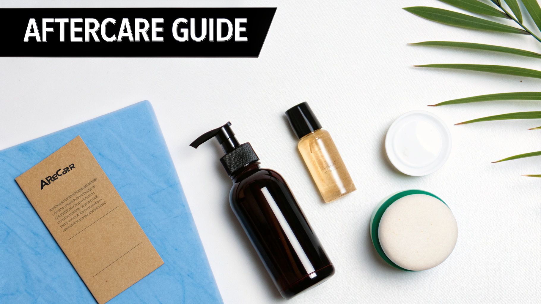 A flat lay of skincare products including a lotion, oil, sponge, and an aftercare guide on a white background.