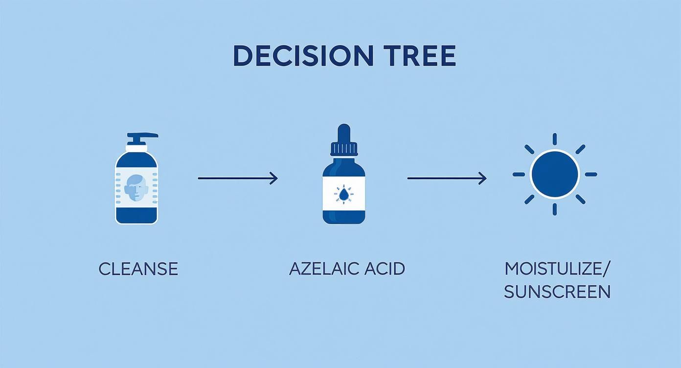 Infographic decision tree showing the three steps for using azelaic acid: Cleanse, then apply Azelaic Acid, then Moisturize/SPF.