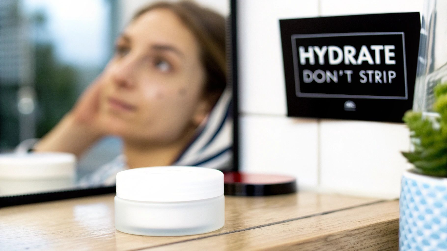 A woman applying moisturizer to her clear, glowing skin, representing the benefits of hydrating oily skin.