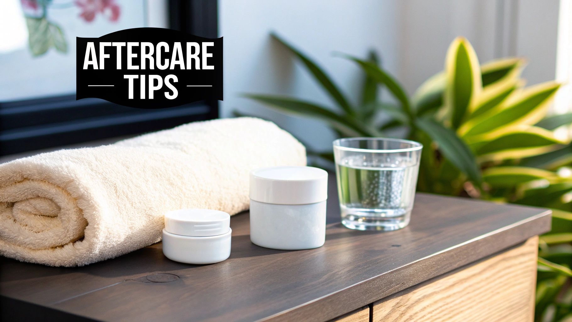 A display of aftercare items including a rolled towel, two cream jars, and a glass of water, with a banner that reads "AFTERCARE TIPS".