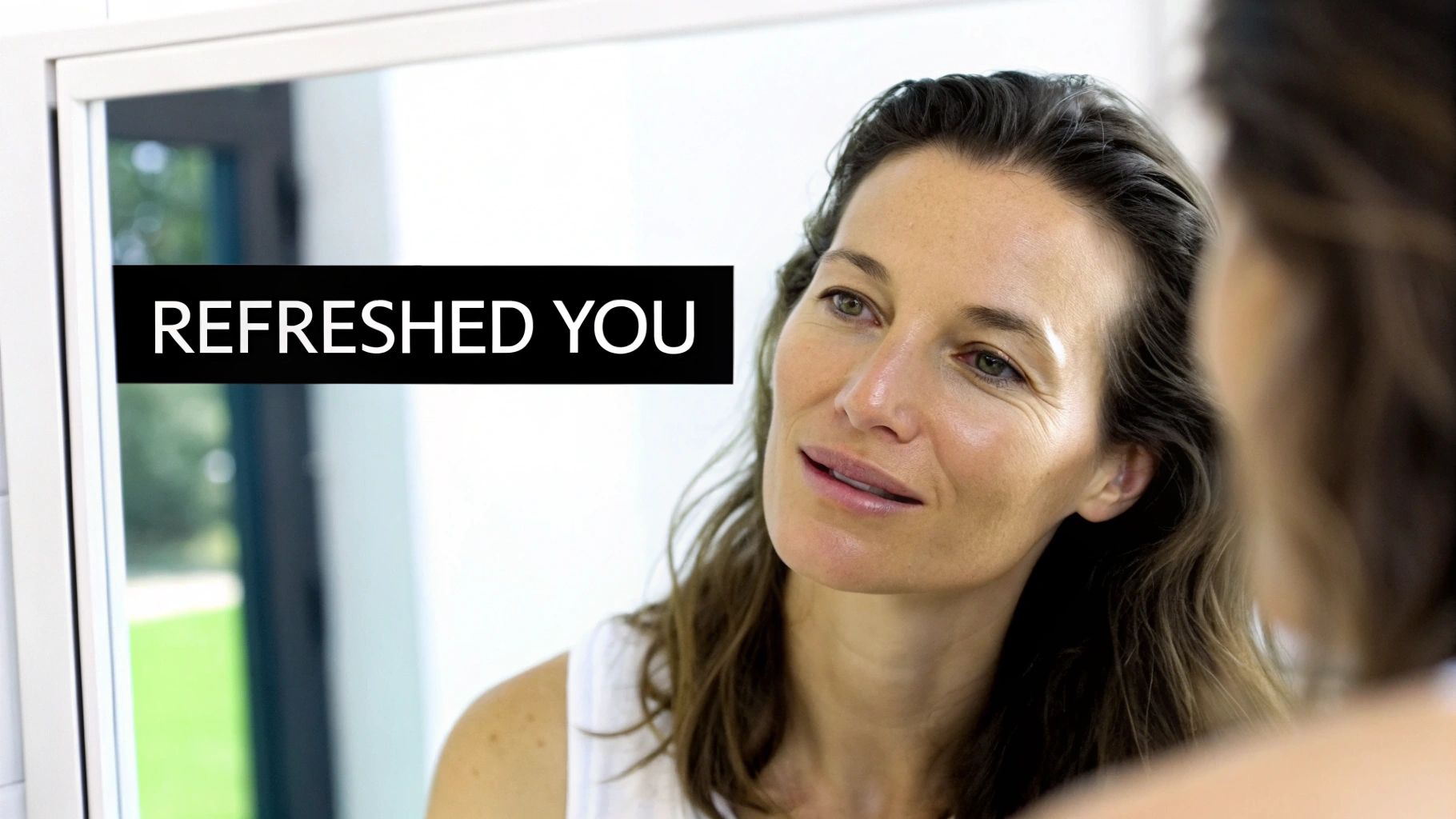 A content woman with soft wavy hair looking at her refreshed reflection in a bathroom mirror.