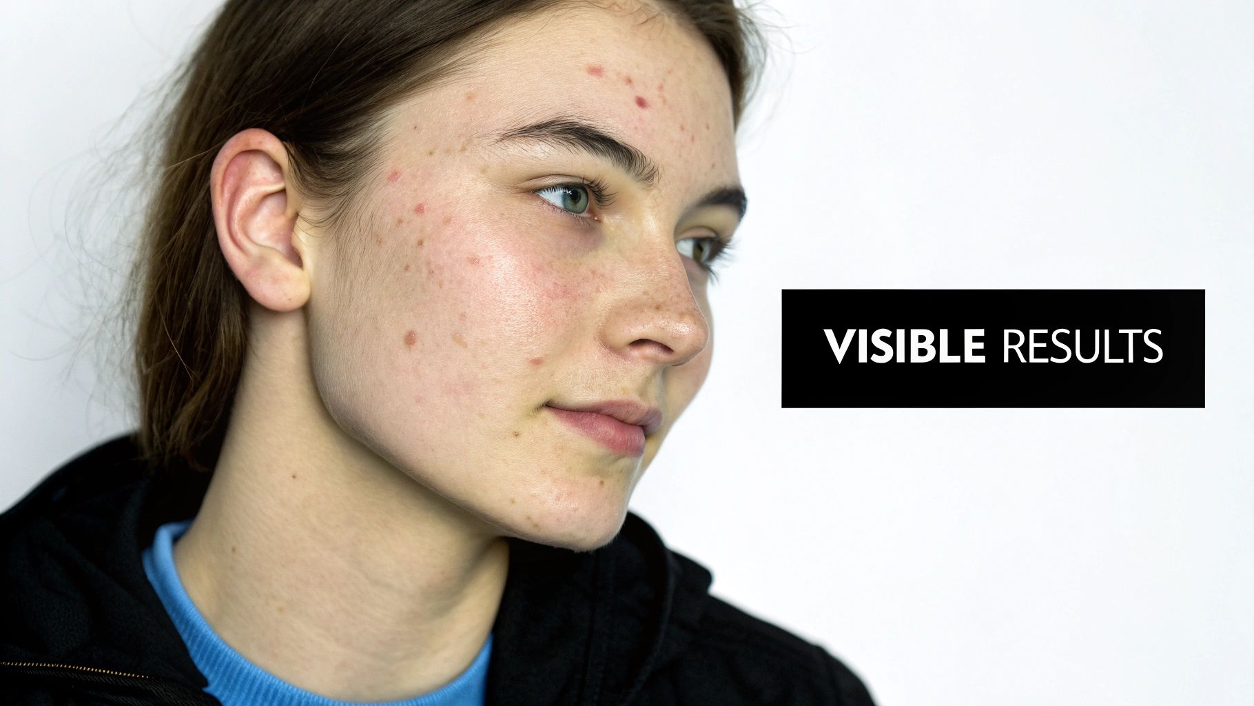 Close-up of a woman's clear and radiant skin, softly lit to highlight its smooth texture.