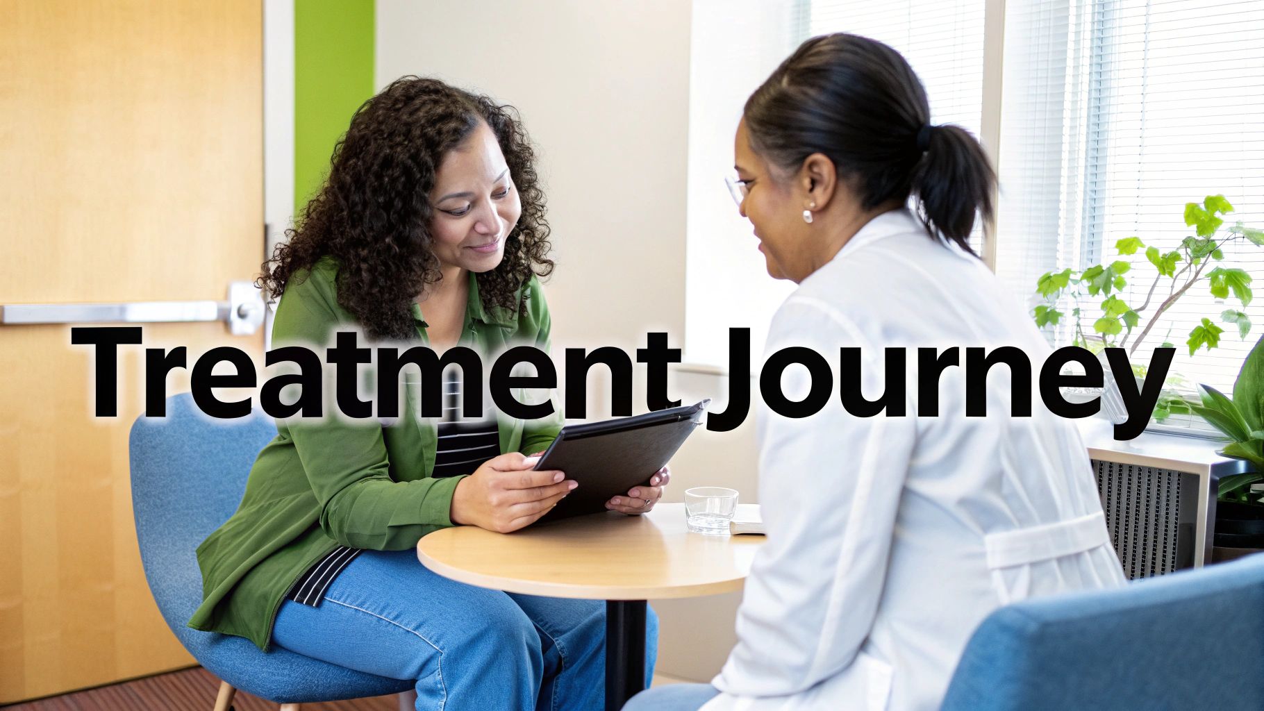 Two women, one a patient and one a healthcare professional, discuss a treatment journey while looking at a tablet.
