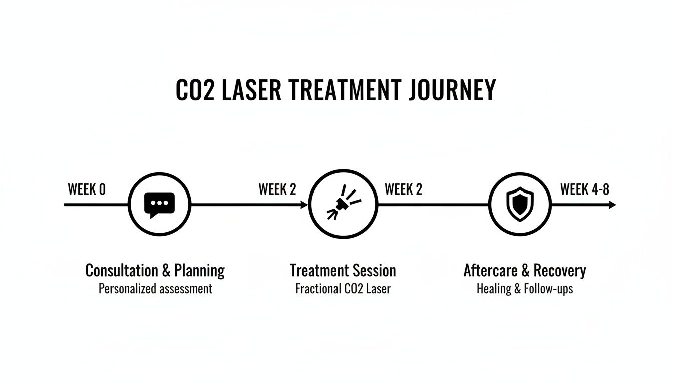 Timeline illustrating the CO2 laser treatment journey, from consultation to recovery and follow-ups.