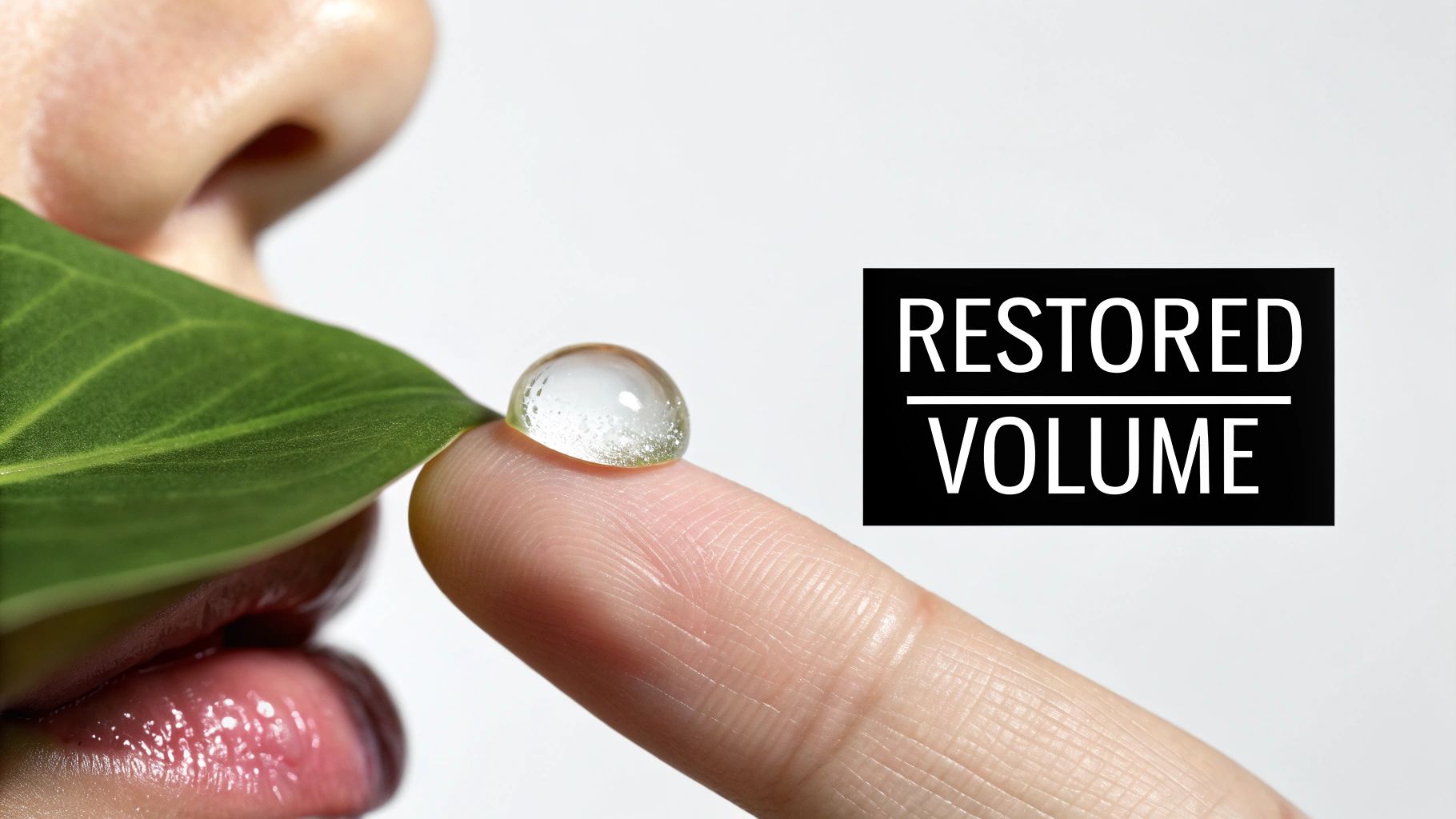 Close-up of a person's nose and lips with a green leaf and a clear droplet on a finger, advertising 'Restored Volume'.