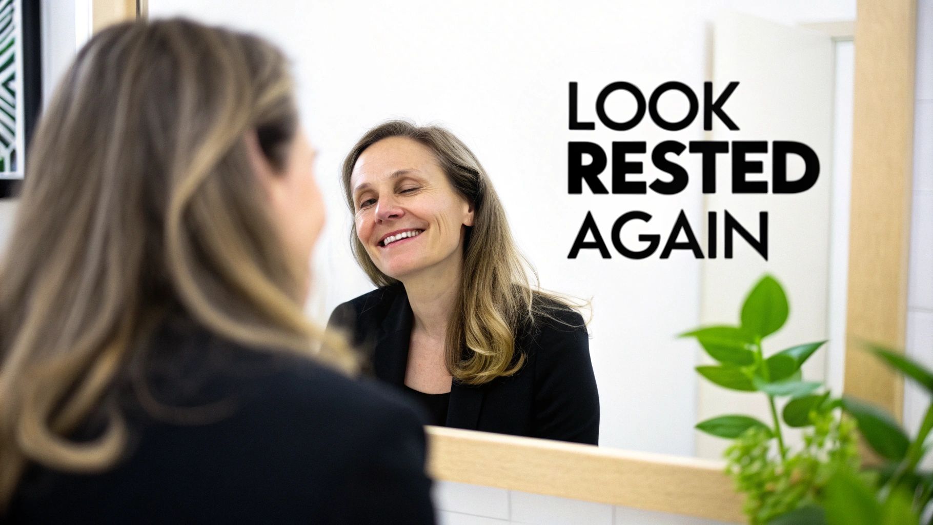 A smiling woman winks at her reflection in a mirror with 'LOOK RESTED AGAIN' text.