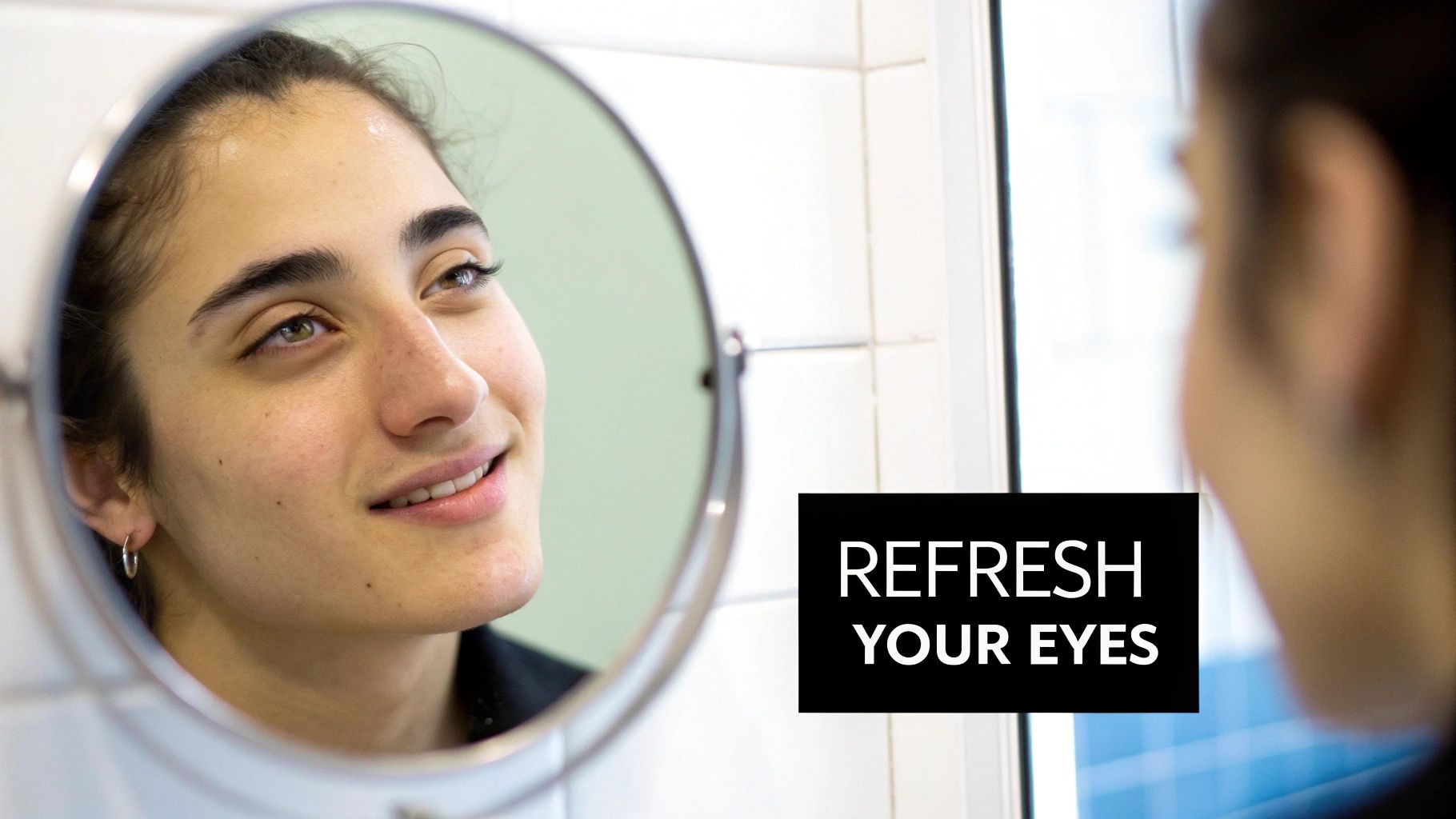 A person's reflection in a round mirror, smiling, next to text 'REFRESH YOUR EYES'.
