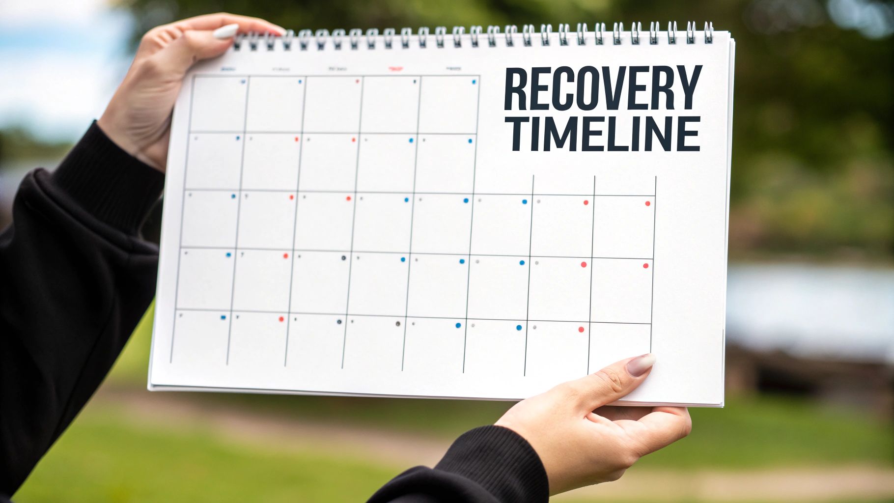 Person holding calendar displaying recovery timeline with colored markers tracking progress outdoors