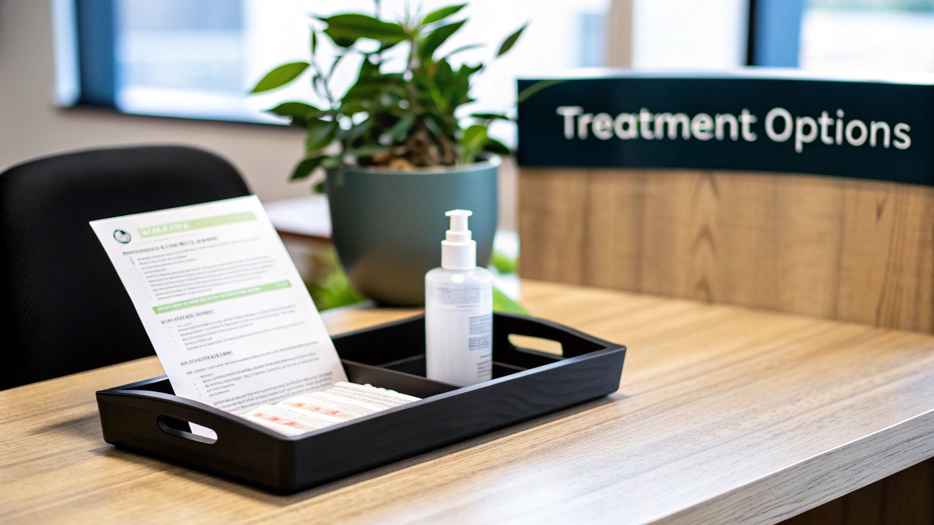 A clean desk at a clinic with brochures, hand sanitizer, and a “Treatment Options” sign.
