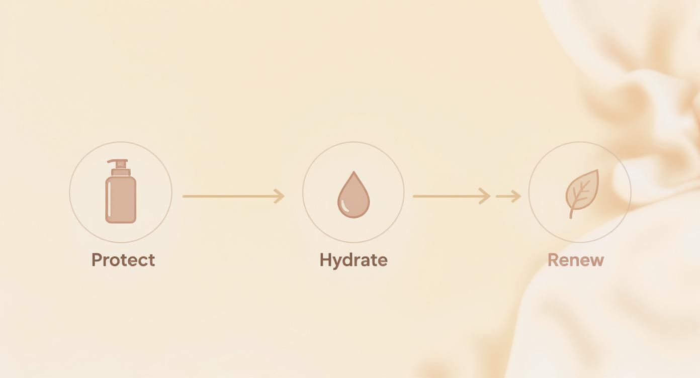 A three-step process diagram illustrating 'Protect' (pump bottle), 'Hydrate' (droplet), and 'Renew' (leaf icon).