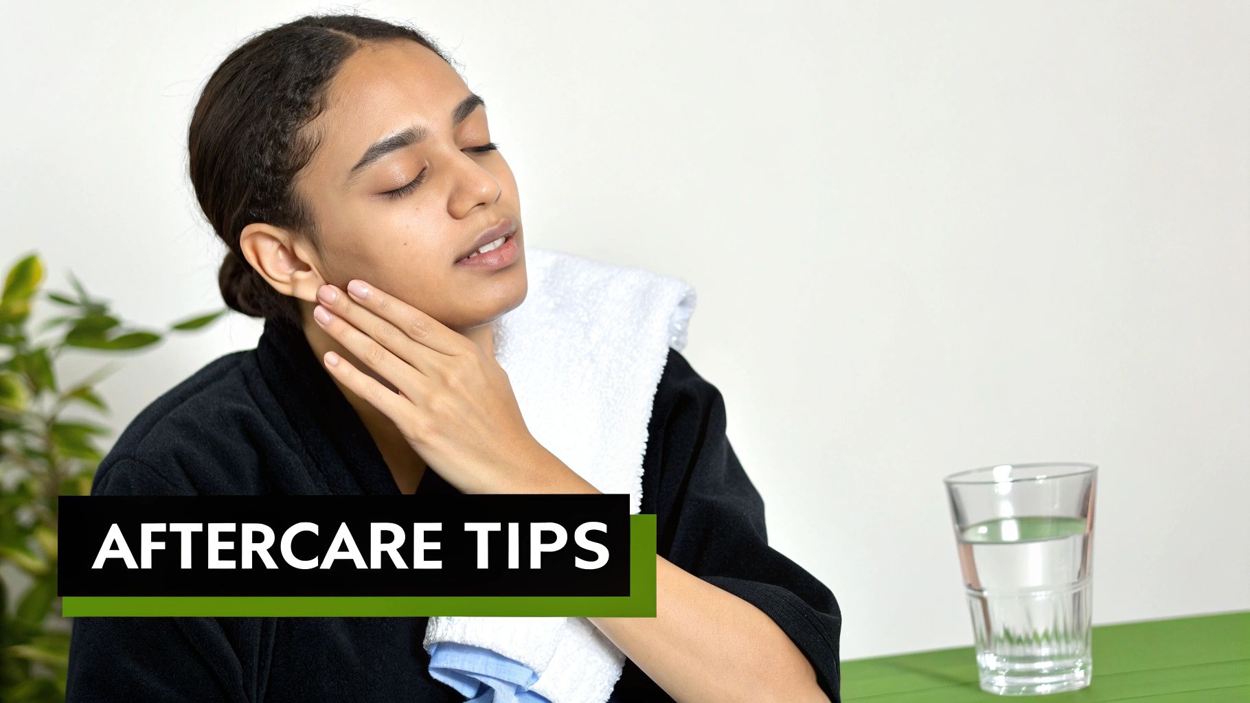 A person with closed eyes and a towel around their neck, gently touching their jawline, with 'AFTERCARE TIPS' overlay.