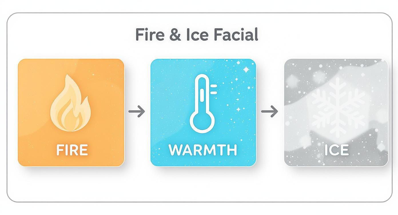 Infographic about fire &amp; ice facial showing the steps Fire, Warmth, and Ice with corresponding icons.