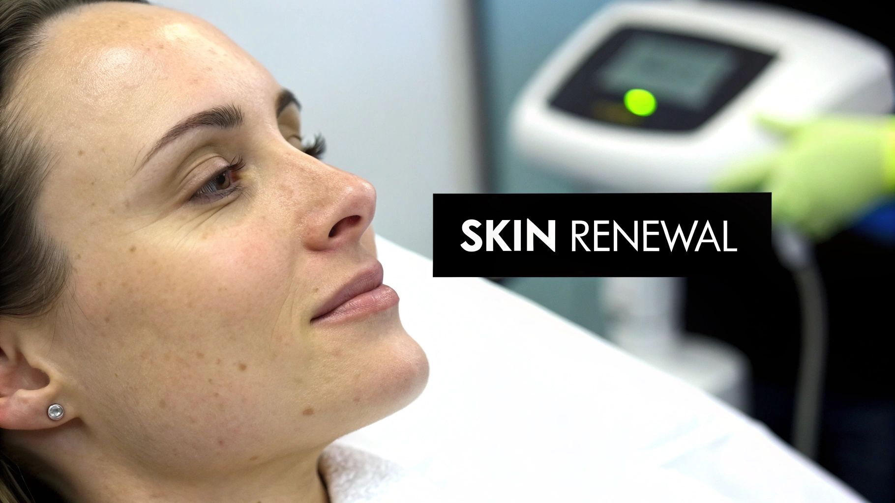Close-up of a woman's face during a skin renewal treatment, with a medical device nearby.