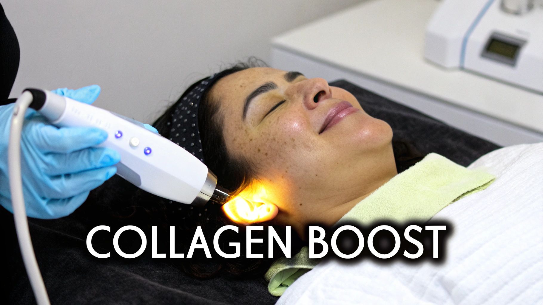 A woman smiling during a collagen boost facial treatment, with a glowing device applied to her face.
