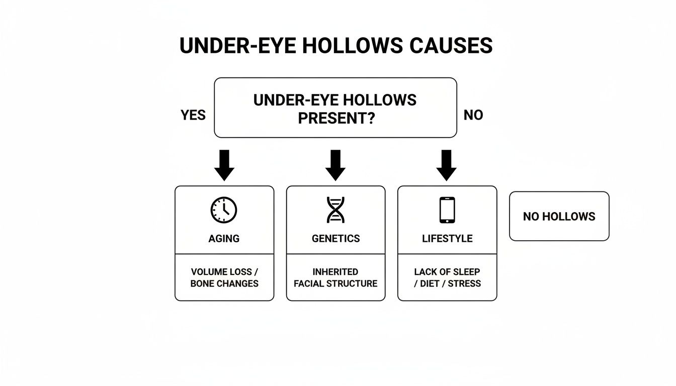 Flowchart illustrating the causes of under-eye hollows, including aging, genetics, and lifestyle factors.