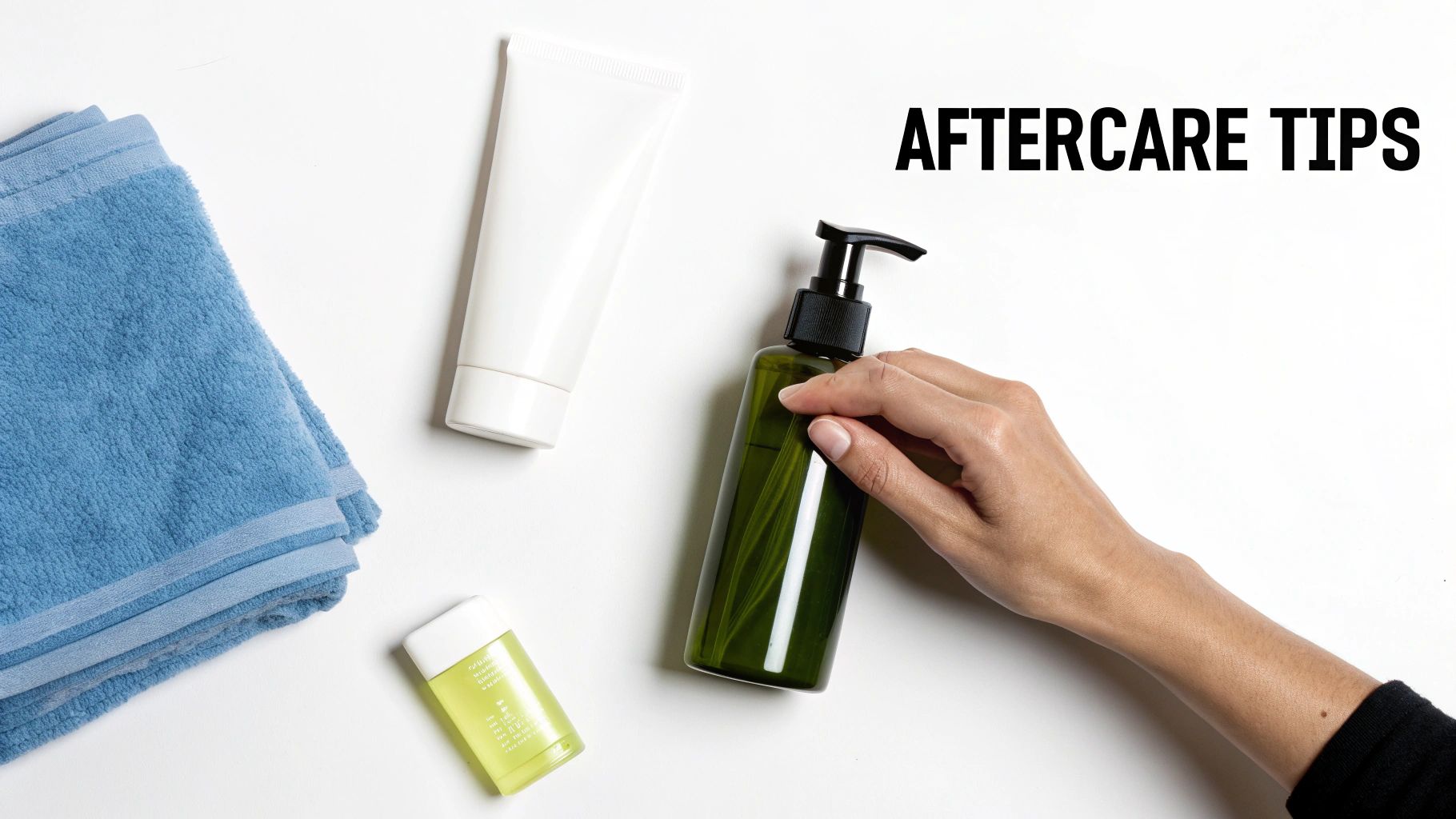 A hand holding a green pump bottle, surrounded by a blue towel and other skincare products, with "AFTERCARE TIPS" text.