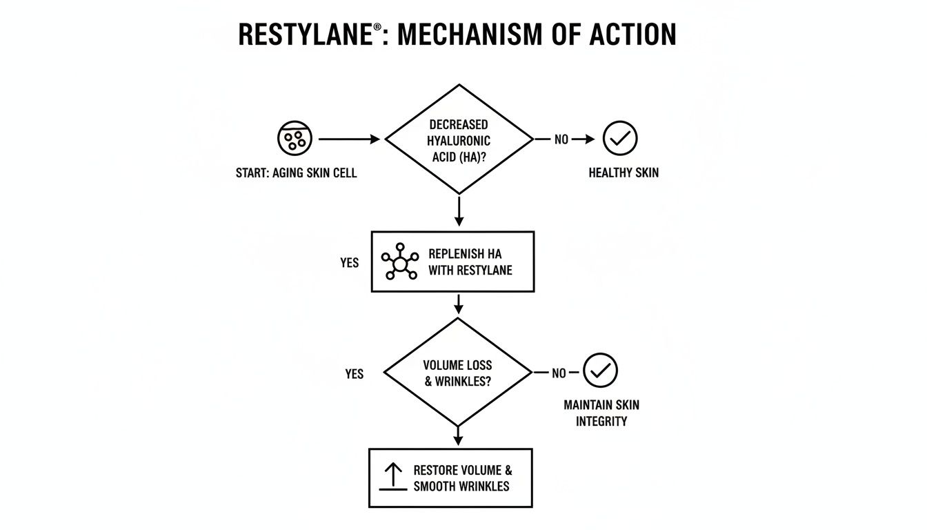 Flowchart illustrating Restylane's mechanism of action, addressing hyaluronic acid decrease, volume loss, and wrinkles.