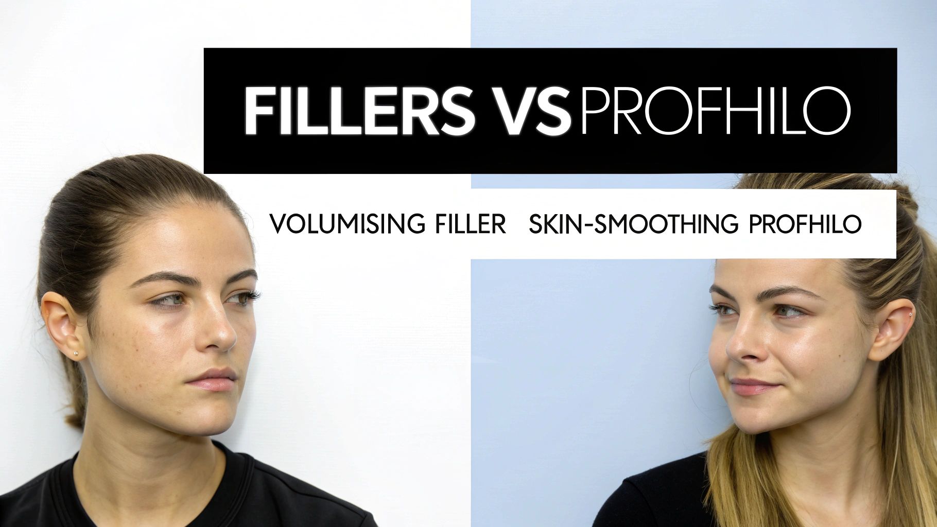 Split image comparing a woman's face, illustrating 'Volumising Filler' versus 'Skin-Smoothing Profhilo' treatments.