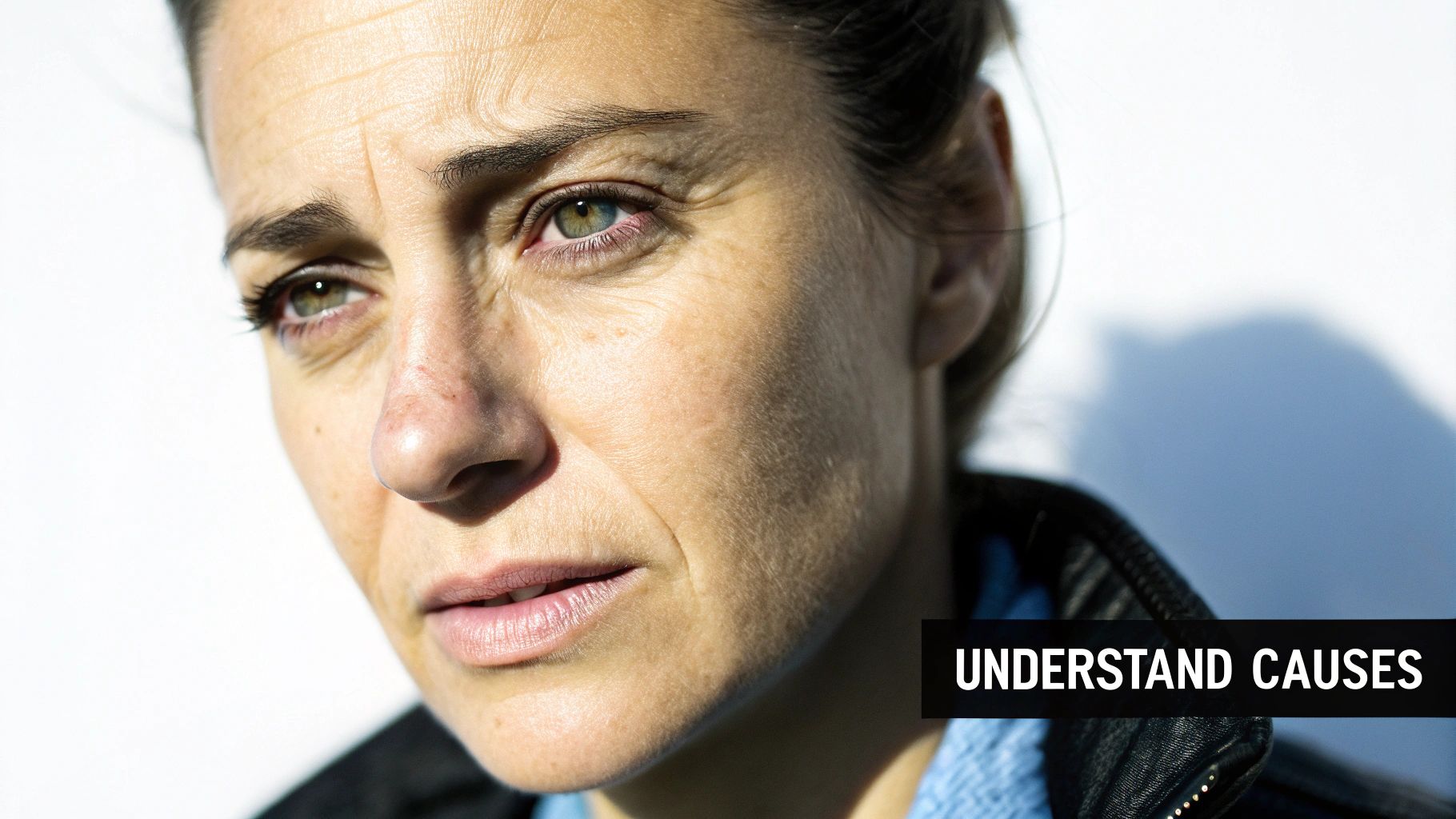 Close-up of a woman's face with a concerned expression, showing visible lines and potentially tired eyes.